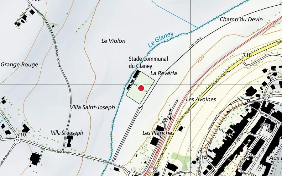 Map showing the location of Stade du Glaney (Sports field)
