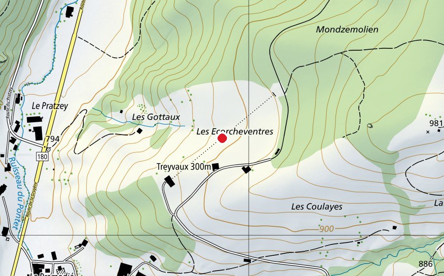 Karte mit dem Standort von Stand de tir - Treyvaux 300m (Sportplatz)