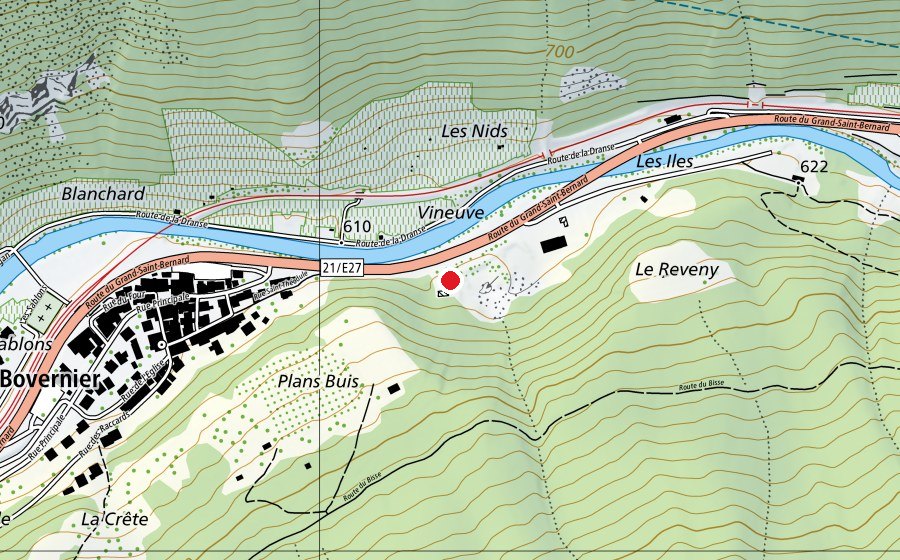 Map showing the location of Stand des Iles de Bovernier (Sports field)