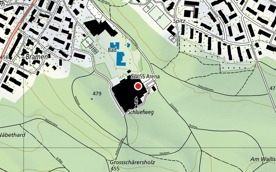 Carte indiquant l’emplacement de Swiss Arena (Ausseneisfeld) (Terrain de sport)