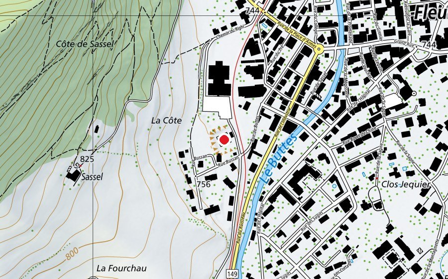 Map showing the location of Tennis Club Fleurier (Sports field)