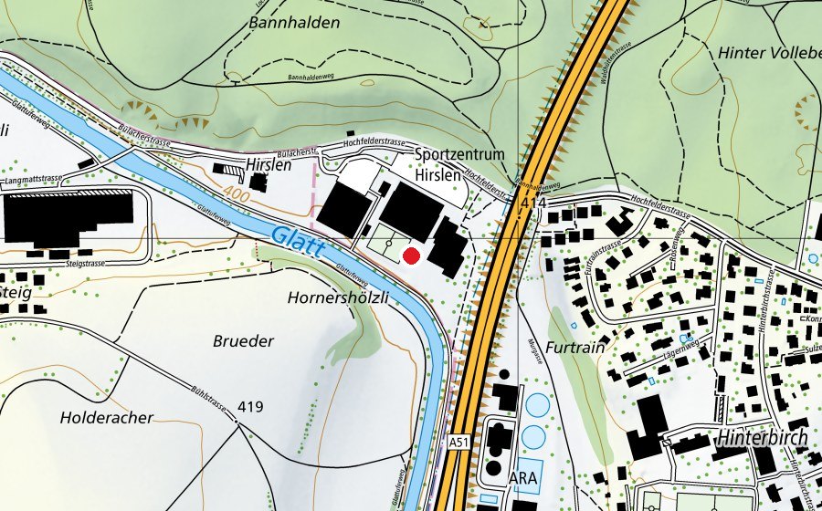 Map showing the location of Tennisplatz Hirslen (Sports field)