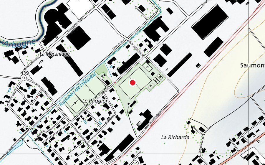 Map showing the location of Terrain B (Sports field)