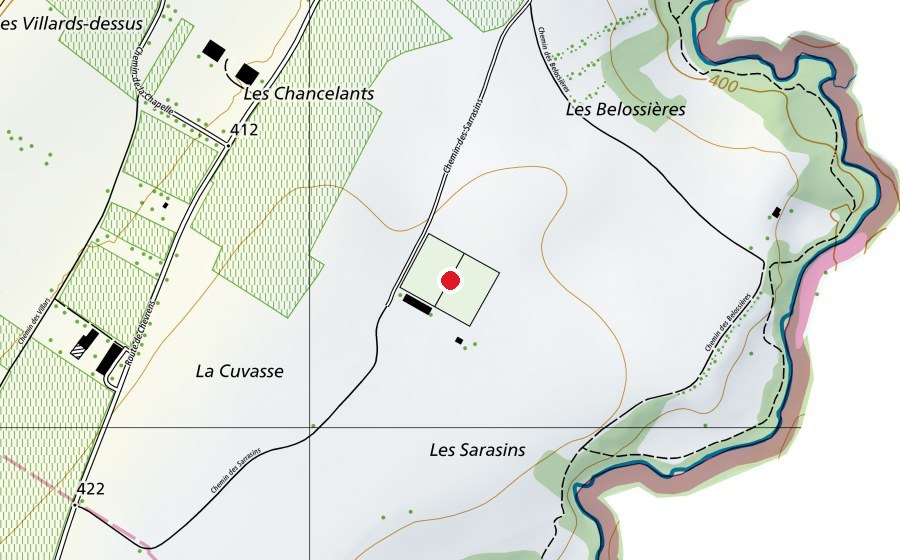 Karte mit dem Standort von Terrain de football des Tattes (Sportplatz)