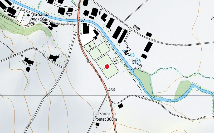 Carte indiquant l’emplacement de Terrain de la Sarraz - En Gravey (Terrain de sport)