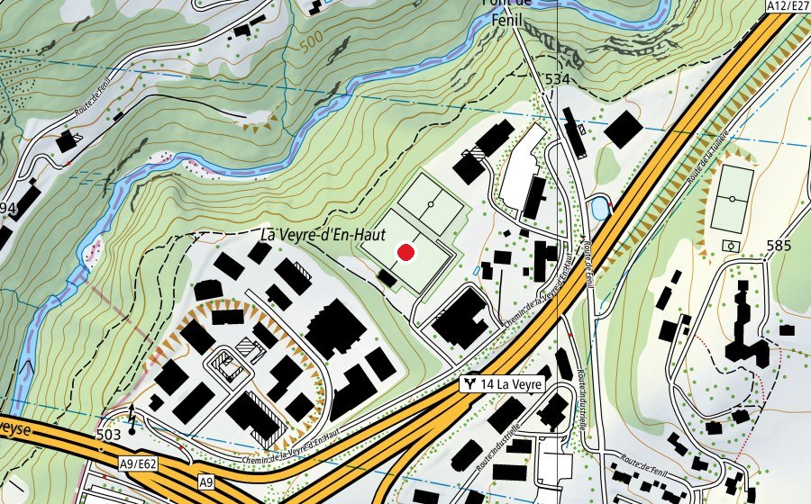 Map showing the location of Terrain de La Veyre (Sports field)