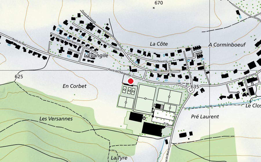 Carte indiquant l’emplacement de Terrain de Pétanue, Corminboeuf (Terrain de sport)