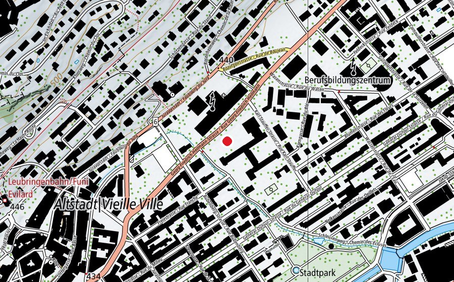 Carte indiquant l’emplacement de Terrain de sport des Prés-Ritter / Sportplatz Rittermatte (Terrain de sport)