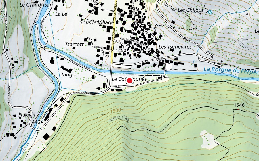 Mappa con la posizione di Terrain de Tennis et patinoire des Haudères (Campo sportivo)