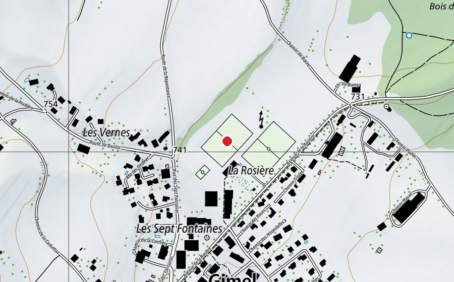 Map showing the location of Terrain  des Marais (Sports field)