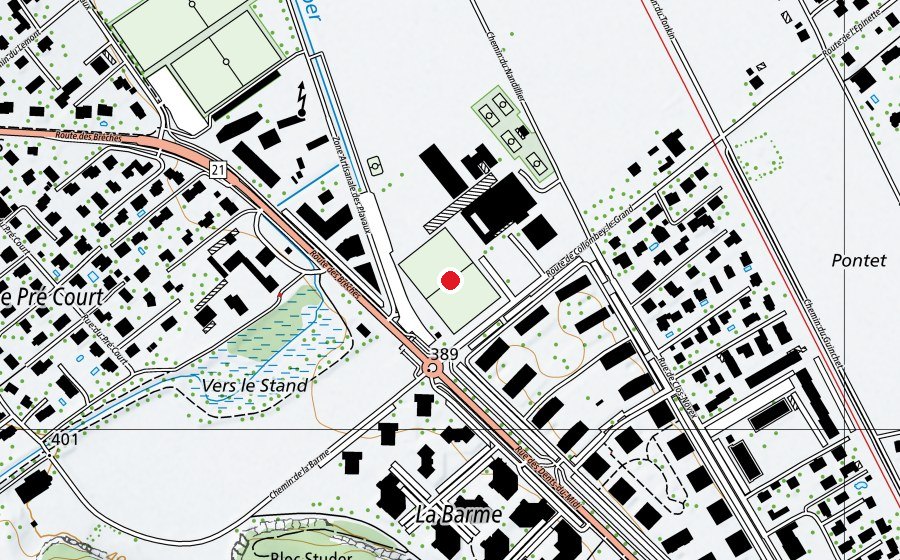 Map showing the location of Terrain des Perraires (Sports field)