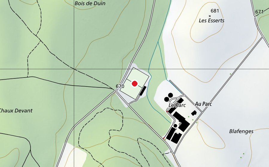 Karte mit dem Standort von Terrain des Planches (Sportplatz)