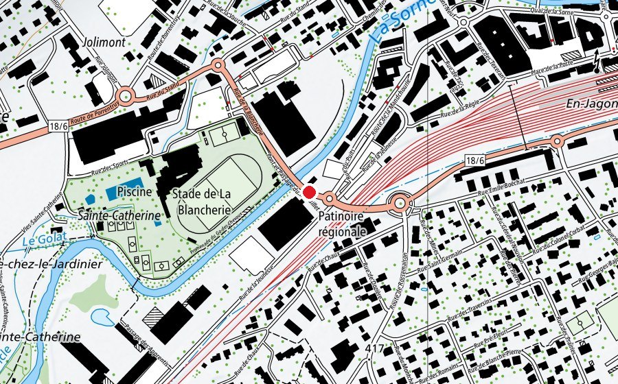 Map showing the location of Terrains de pétanque (Sports field)