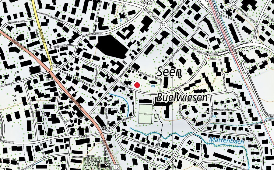 Karte mit dem Standort von Turnhalle Büelhofstrasse (Sportplatz)