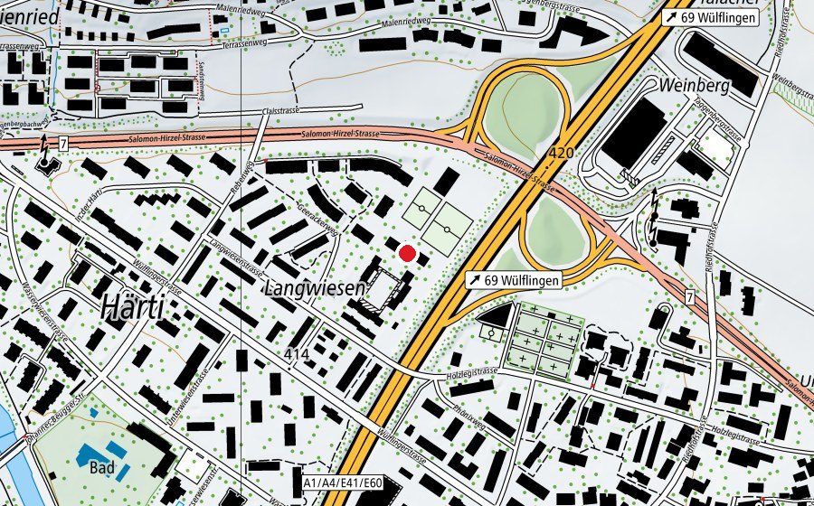 Map showing the location of Turnhalle Langwiesen (Sports field)