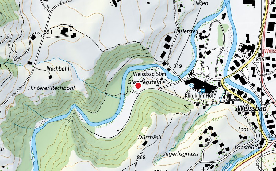 Karte mit dem Standort von Weissbad 50 m Glandenstein (Sportplatz)