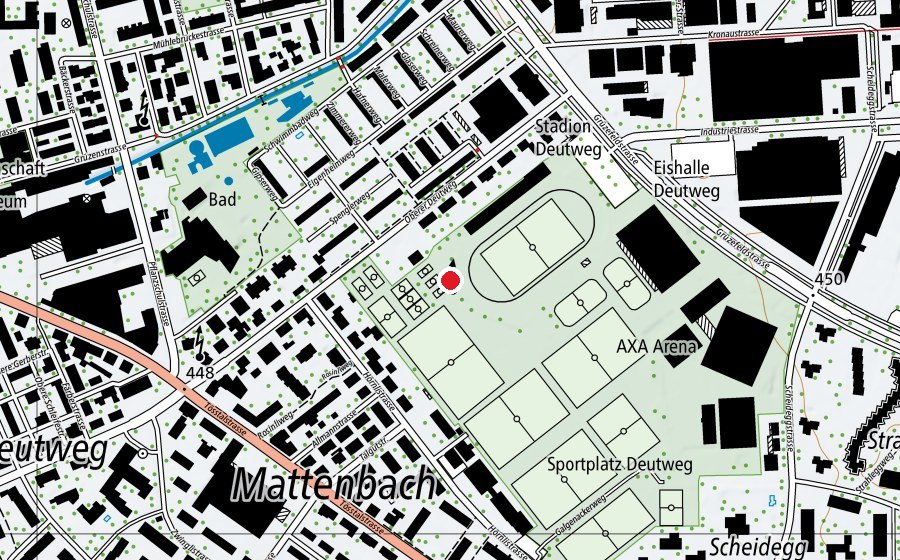 Map showing the location of Zurich vitaparcours Power Station (Sports field)